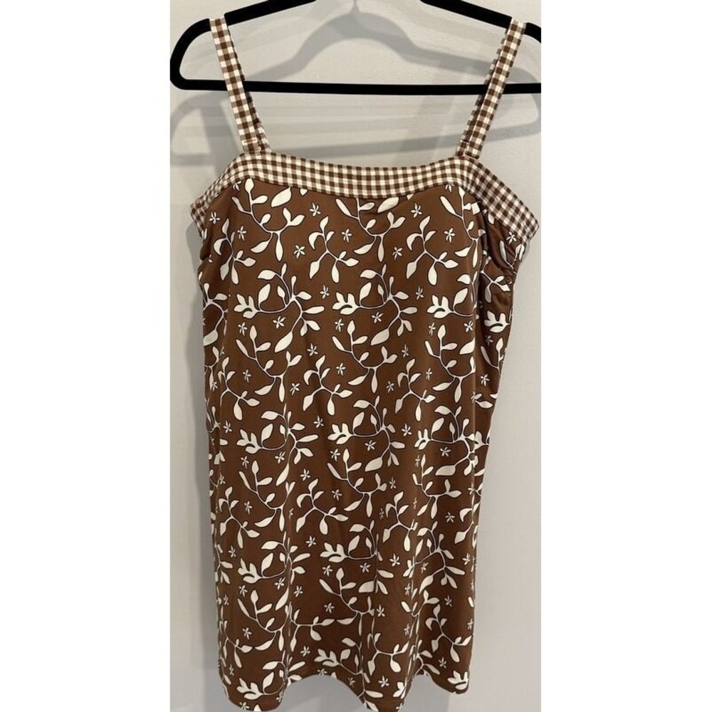 Lands End Brown Gingham Floral Swim Dress Shelf Bra Tankini Size 16